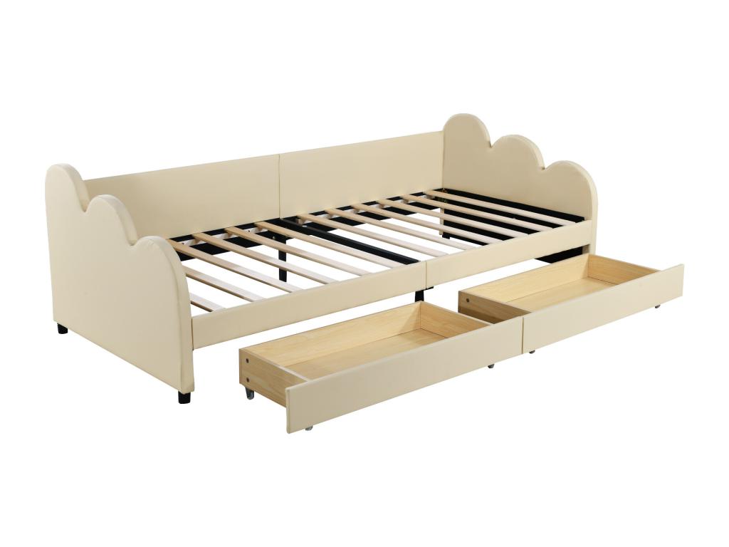 Upholstered bed 90x200 cm with 2 drawers, backrest and armrests padded in beige faux leather FAEN02879