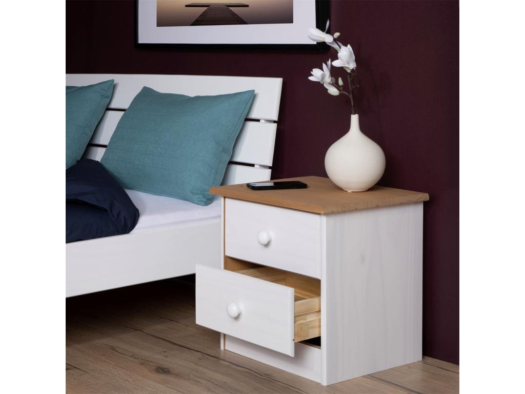 Dekonao bedside table with 2 drawers, solid pine nightstand, white and brown stained wood, JZRP06970