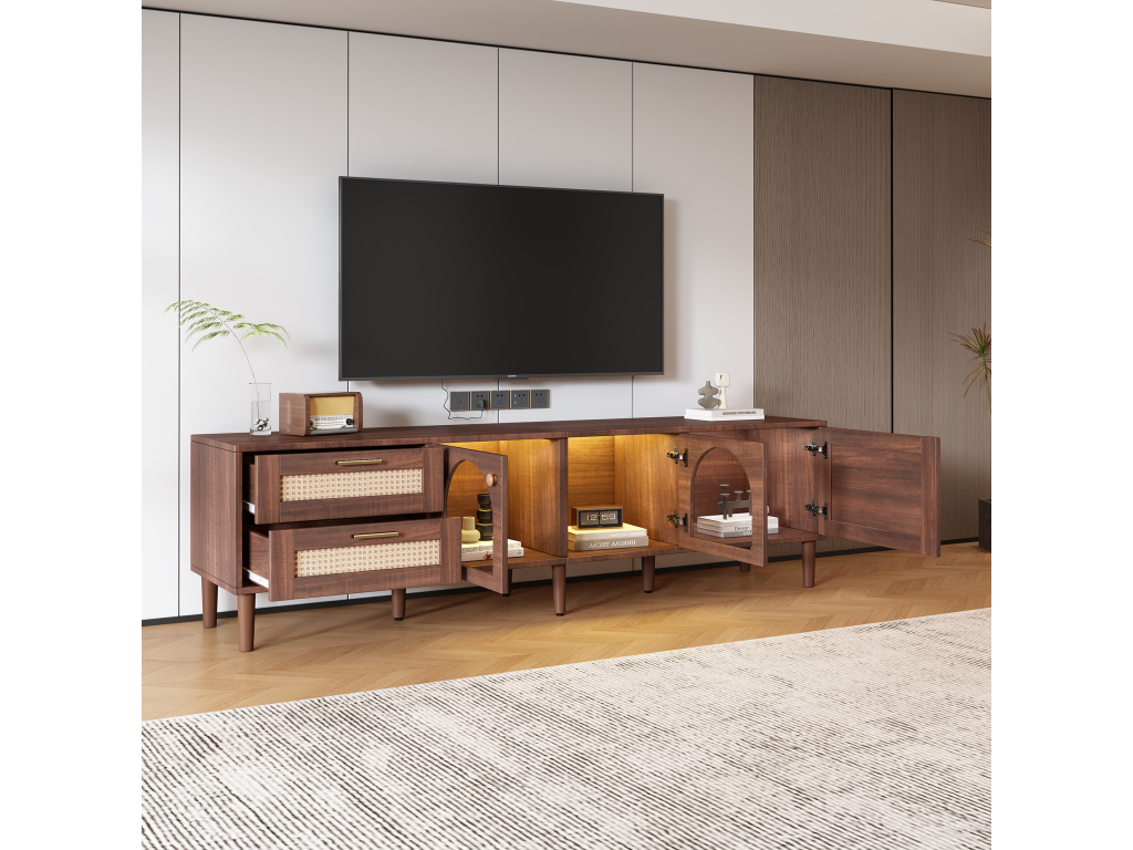 180cm TV stand for 80" TV with 2 rattan drawers, 2 curved glass doors and 1 rattan door, brown LED lighting TMER17141