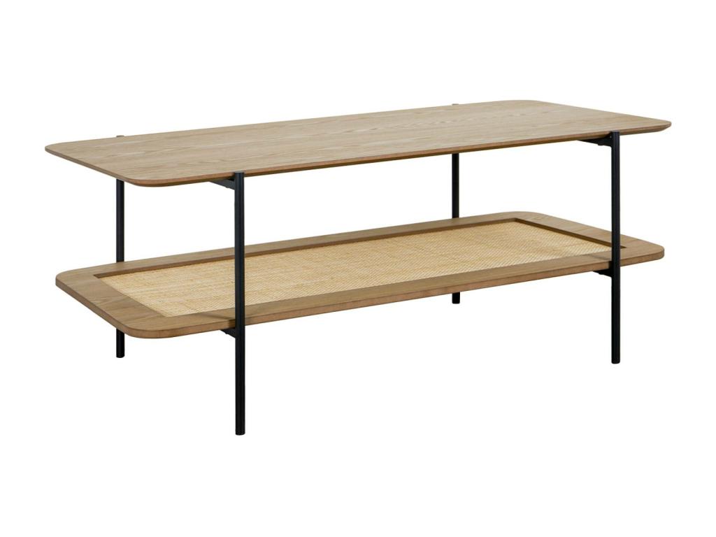 Vintage coffee table 110 cm natural color - double tops with wood and cane effect - black metal base and frame TNJR22750