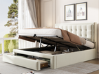 Upholstered storage bed 140x190cm in velvet - with drawer and slatted base by Ligniva - Beige without mattress YOZD90877