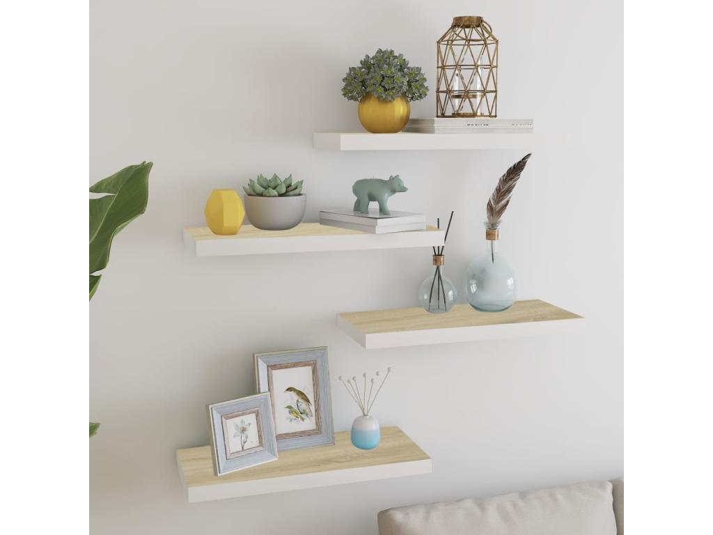 Floating shelves, 4 pcs, oak and white, 60x23.5x3.8 cm, MDF, JTKL72817