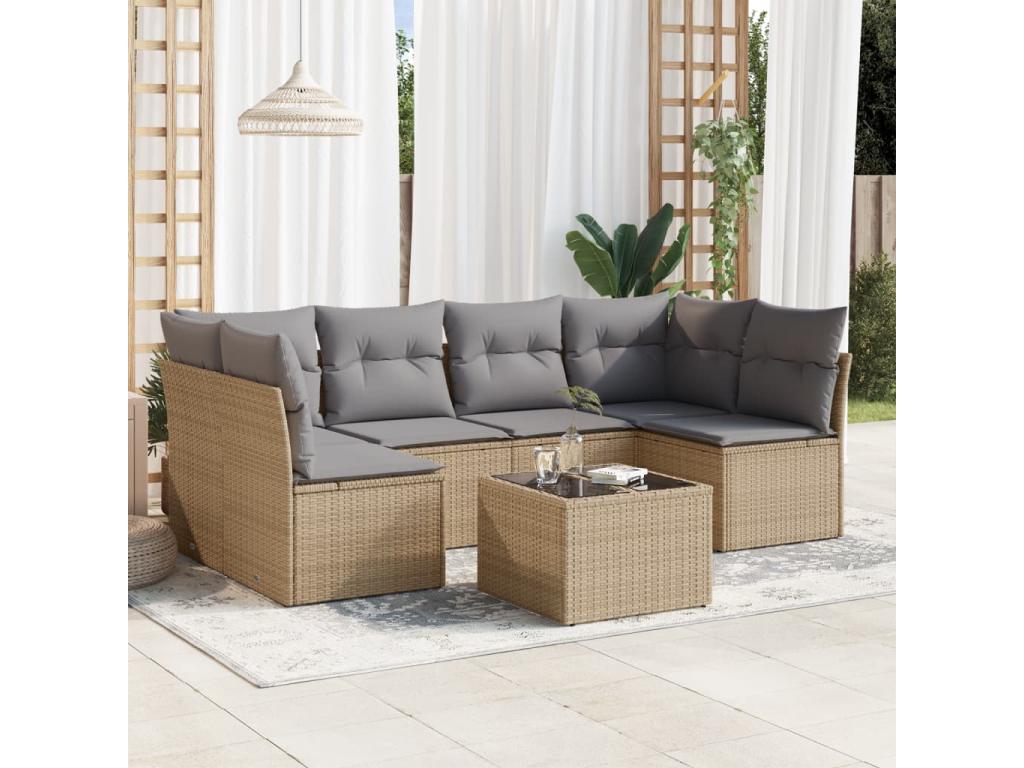 7-piece garden furniture set with cushions, beige woven resin MFAR74591