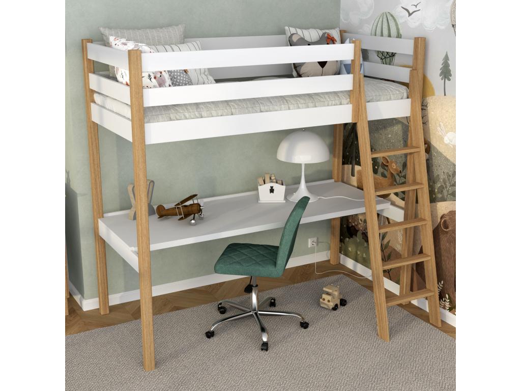 Wooden loft bed - with desk N03 White / Natural Oak 120x180 TWRU49431