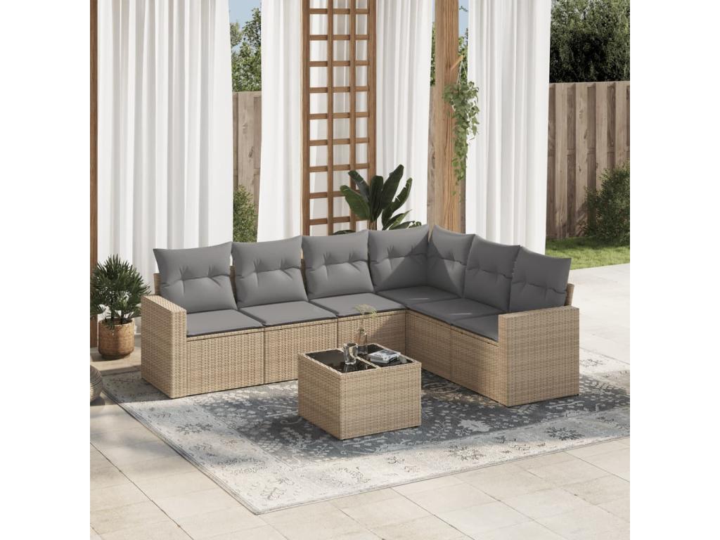 7-piece garden furniture set with cushions, beige woven resin BPME04194