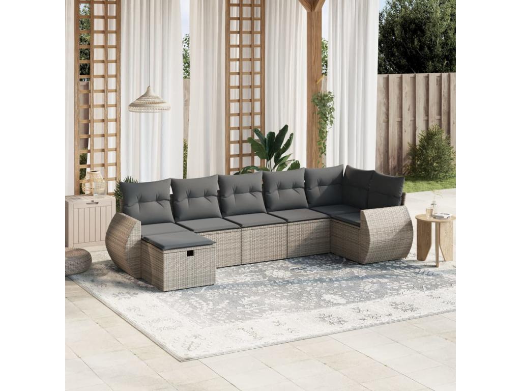 Garden furniture set with cushions, 7 pieces, grey woven resin RGRU80590