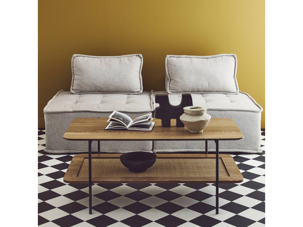 Vintage coffee table 110 cm natural color - double tops with wood and cane effect - black metal base and frame TNJR22750