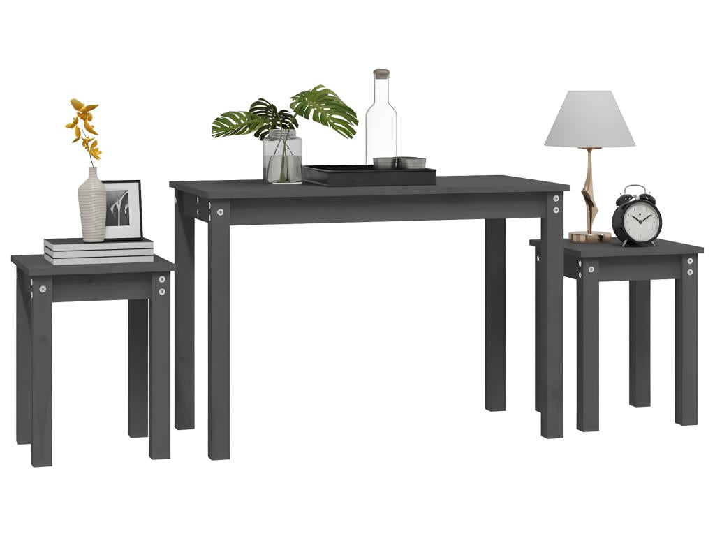 Nesting tables, 3 pieces, Grey, Solid pine wood HLLS55956