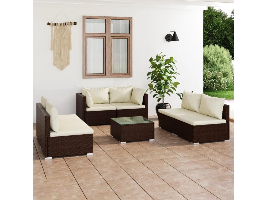 7-piece garden furniture set with cushions, brown woven resin, 3 USLX70344