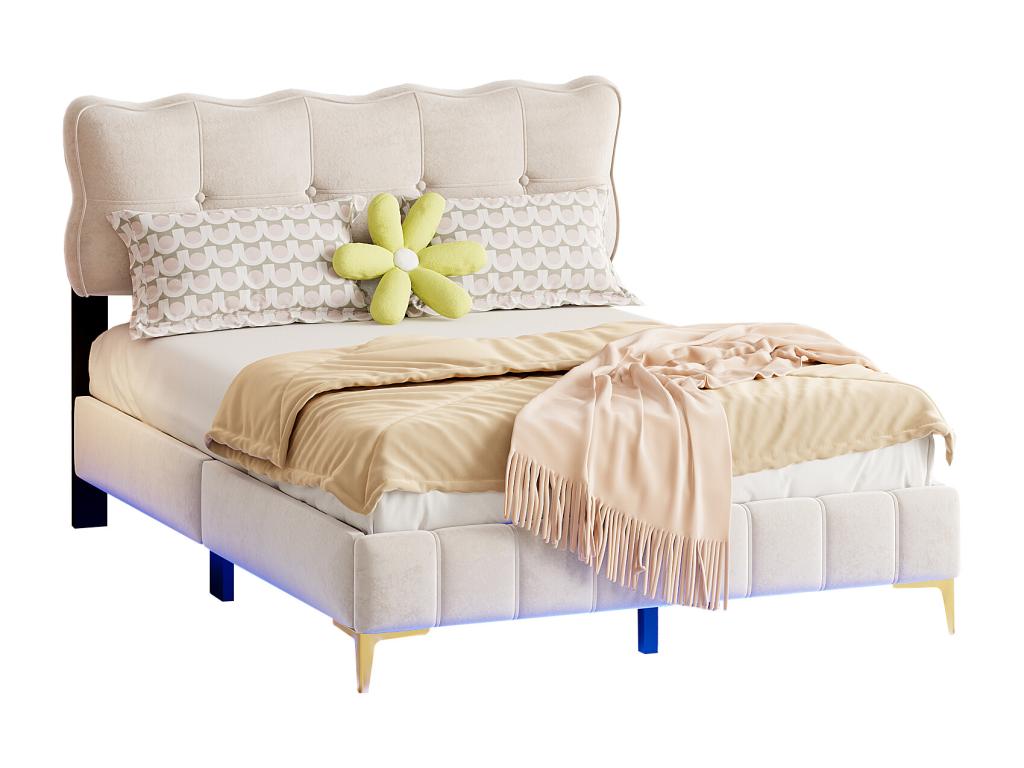 Upholstered double bed 140x200 cm beige velvet fabric with LED lighting, Dekonao frame and high metal legs, mattress not included TLZH76286