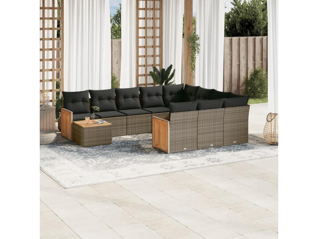 11-piece garden furniture set with grey resin wicker cushions GERZ28898