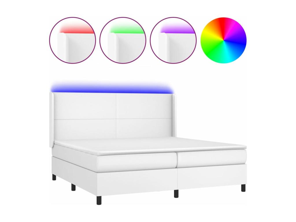 Upholstered bed base, mattress, and LED lighting, White, 200x200 cm, Faux Leather, KETX63630