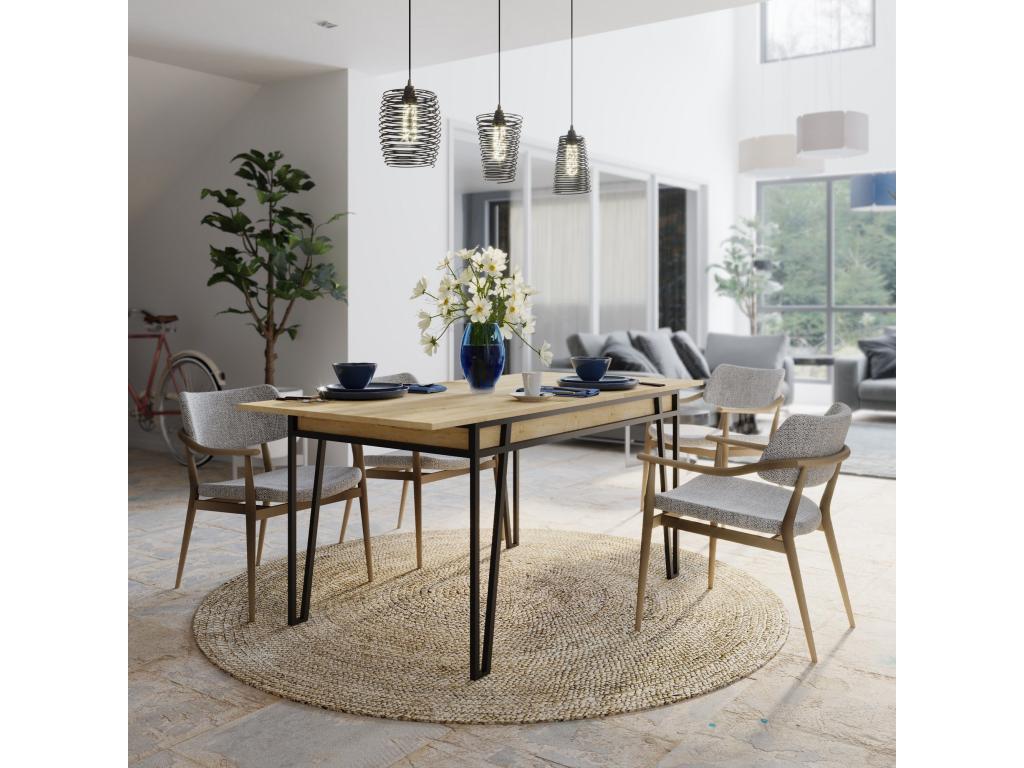 Nobellea Extendable Dining Table, Light Oak Wood and Black Metal TBUR64875