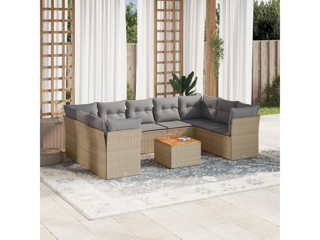 Garden furniture set with cushions, 10 pieces, beige woven resin, GMPS54042