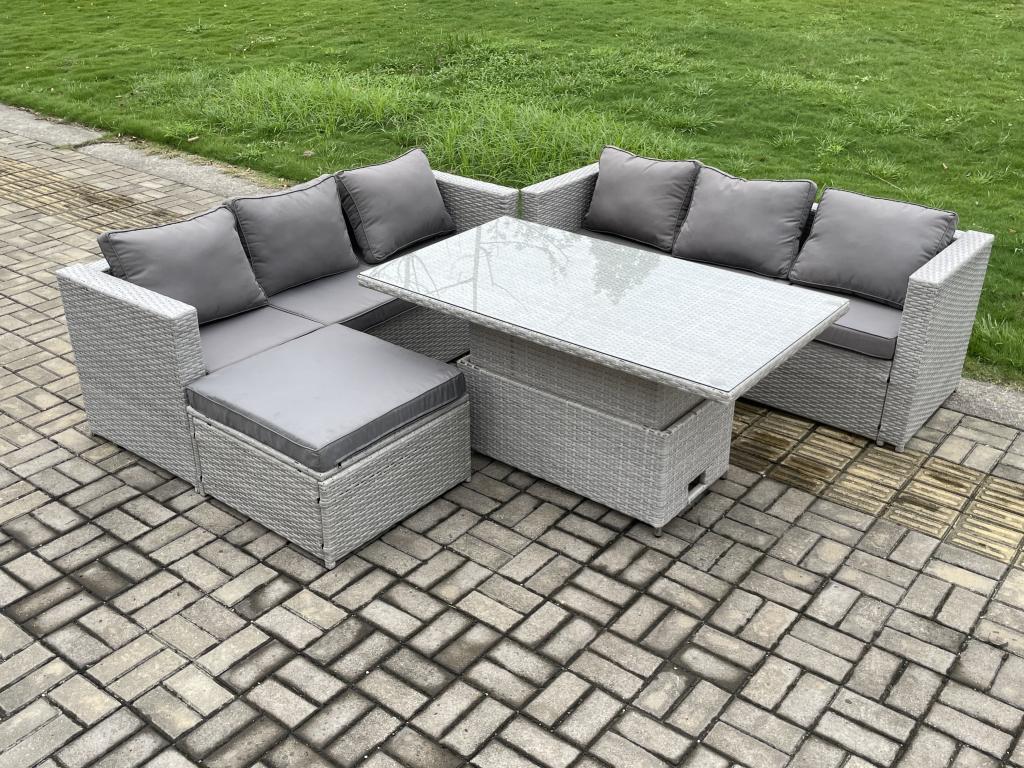 Rattan garden dining set with 2 sofas and stools for indoor lawn and patio, light grey LJGL24049