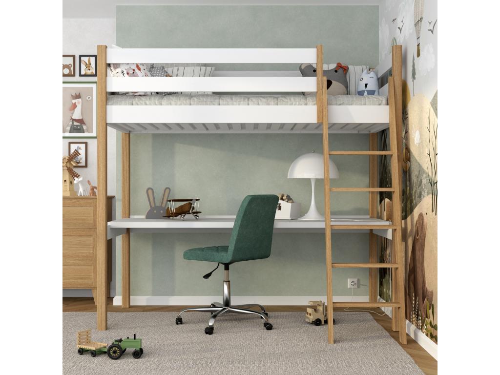 Wooden loft bed - with desk N03 White / Natural Oak 120x180 TWRU49431