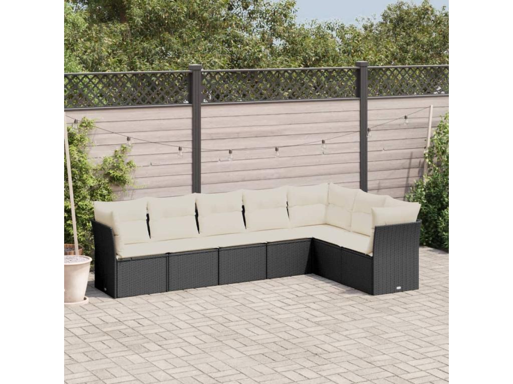 7-piece garden furniture set with cushions, black resin wicker FQQE00607