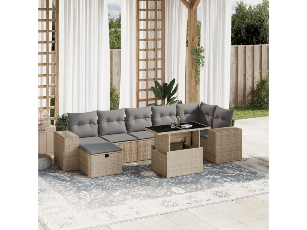 8-piece garden furniture set with cushions, beige woven resin BOZH45627
