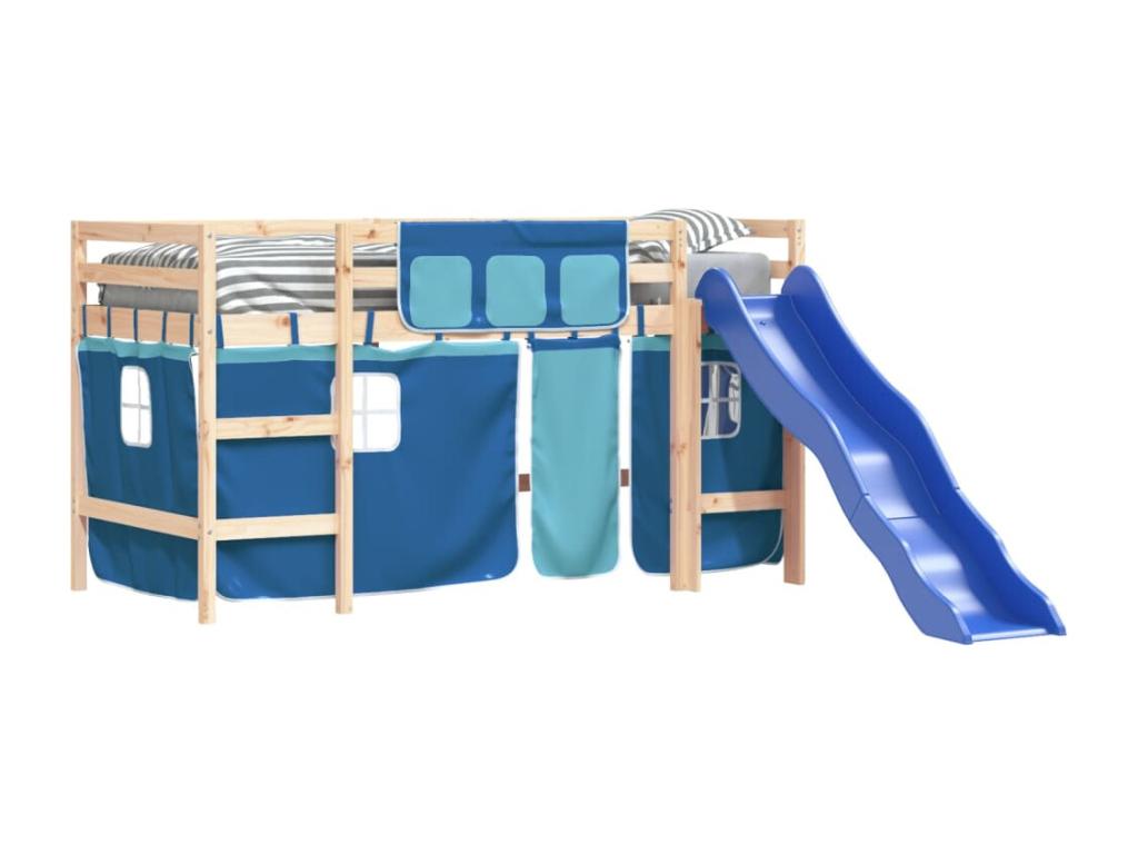 Children's loft bed and blue curtains 80x200cm solid pine wood ZMCG65171