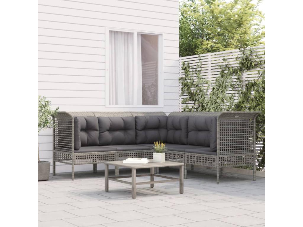 5-piece garden furniture set with cushions, grey woven resin, RQQM88568