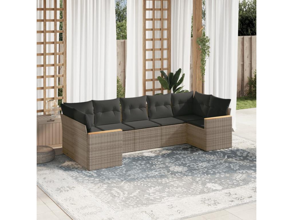 7-piece garden furniture set with cushions, grey woven resin WOMB39311