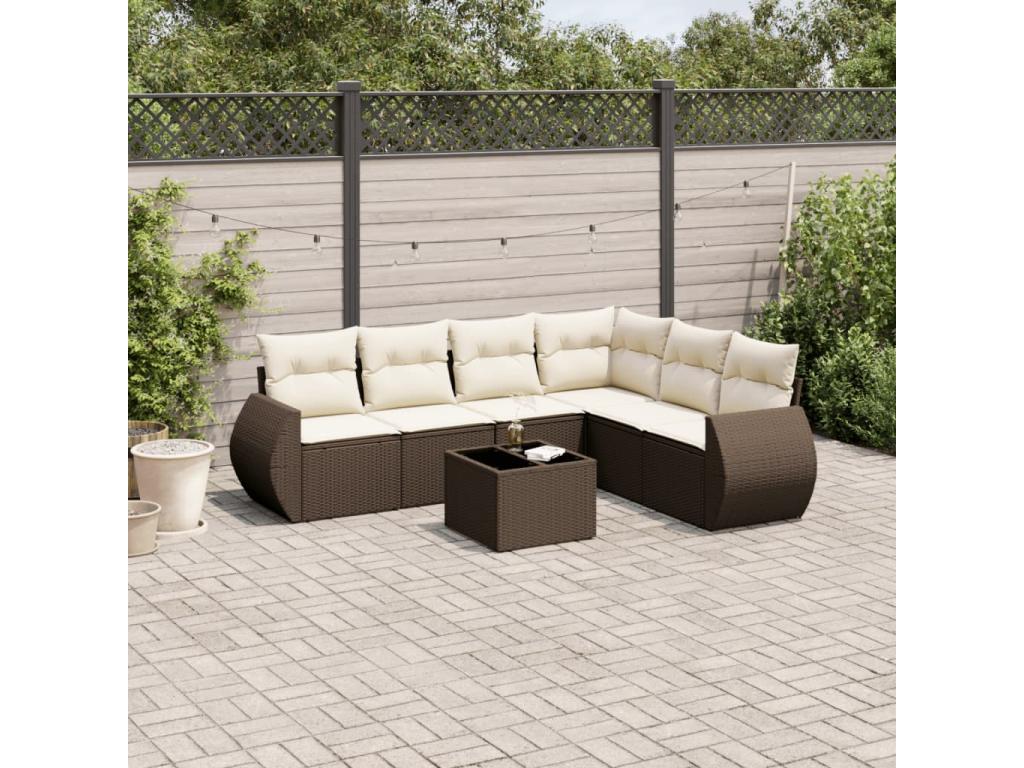 7-piece garden furniture set with cushions, brown woven resin DYWU37461