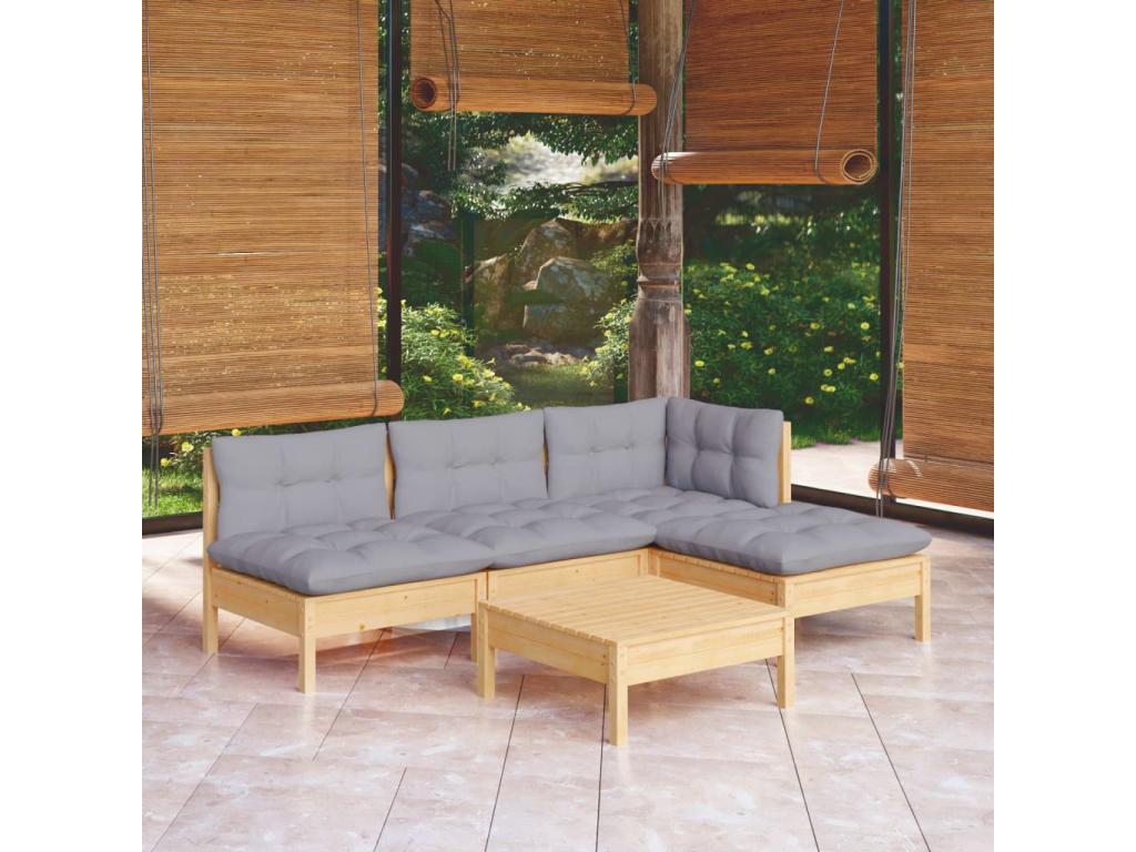 5-piece garden furniture set with grey pine wood cushions GHKS64418