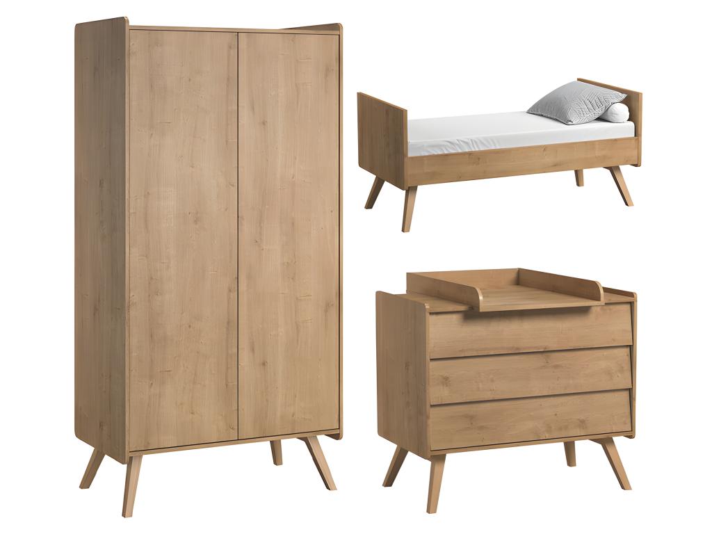 Complete bedroom set: convertible cot - 3-drawer chest - 2-door wardrobe, Vintage Wood JVIV45754