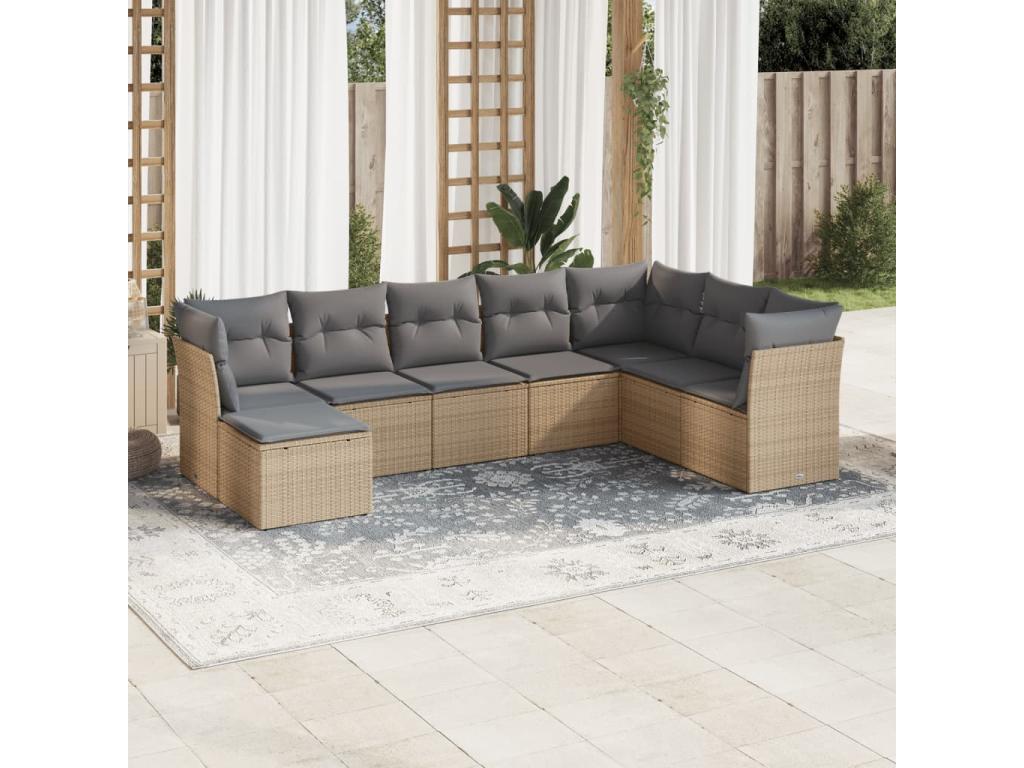 Garden furniture set with cushions, 8 pieces, beige woven resin FLDT37972