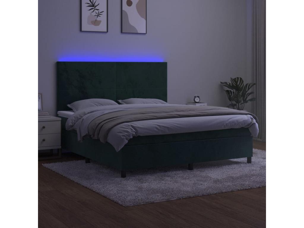 Upholstered bed base with mattress and LED light, Dark Green, 180x200 cm, Velvet, MWCE26394