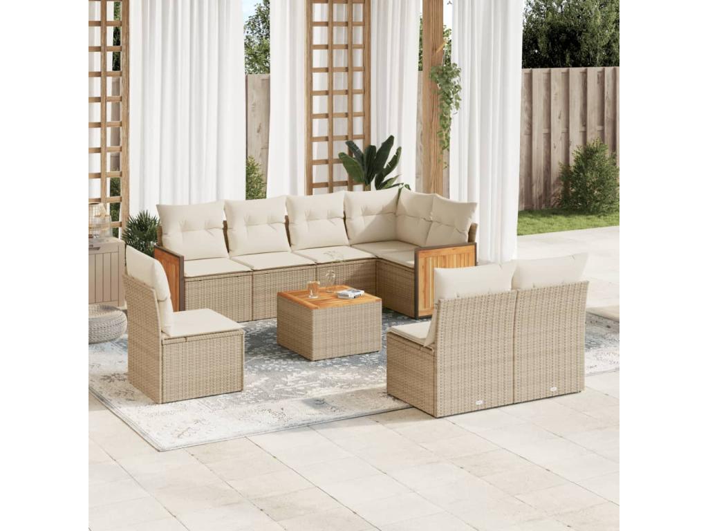 9-piece garden furniture set with cushions, beige woven resin FVCT95296