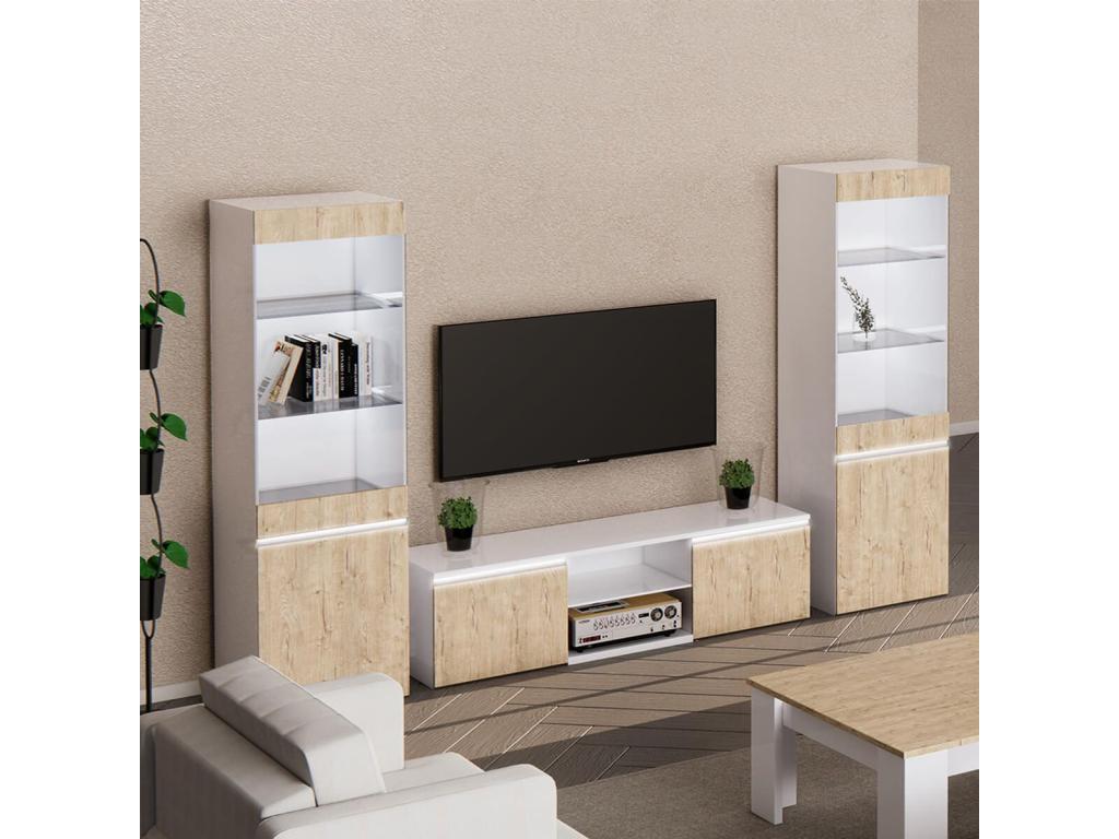 Dekonao - Living Room Set with TV Unit, High Gloss White Lacquered Wood Look RTJB43538