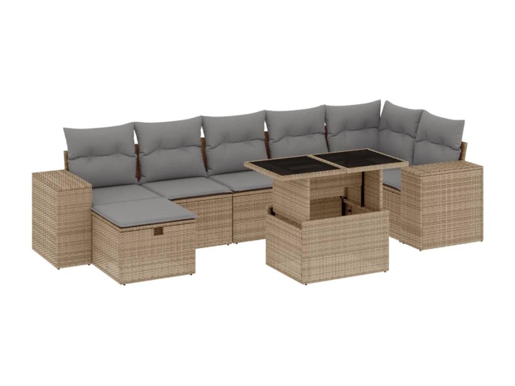 8-piece garden furniture set with cushions, beige woven resin BOZH45627