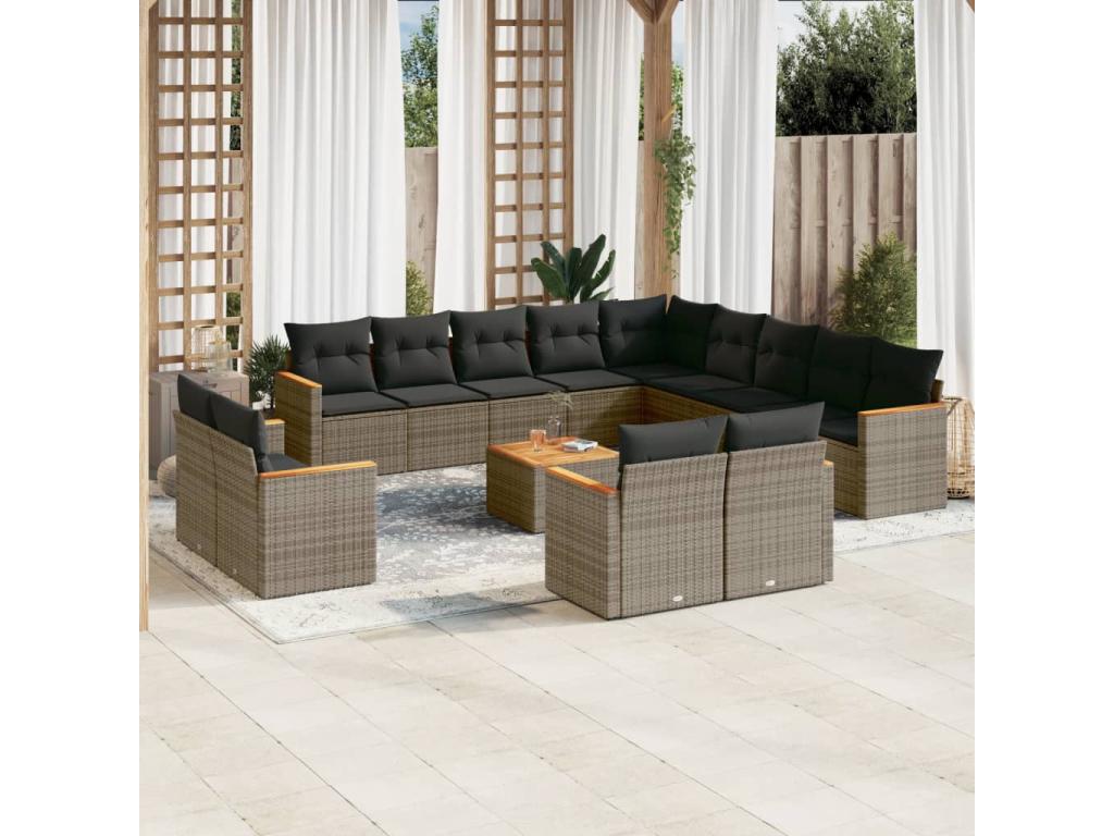 14-piece garden furniture set with cushions, grey woven resin BLSB70114