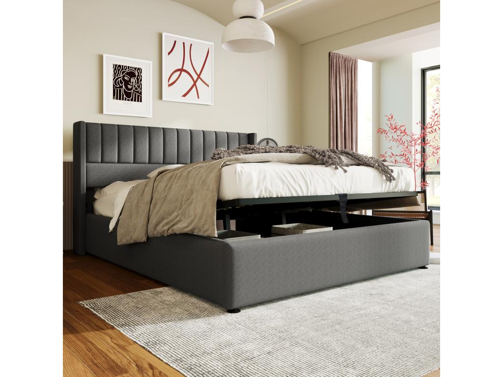 Upholstered Bed - 160x200 cm - Double Hydraulic - Dekonao Metal Frame Slatted Base - Grey - Mattress Included HWXC78308