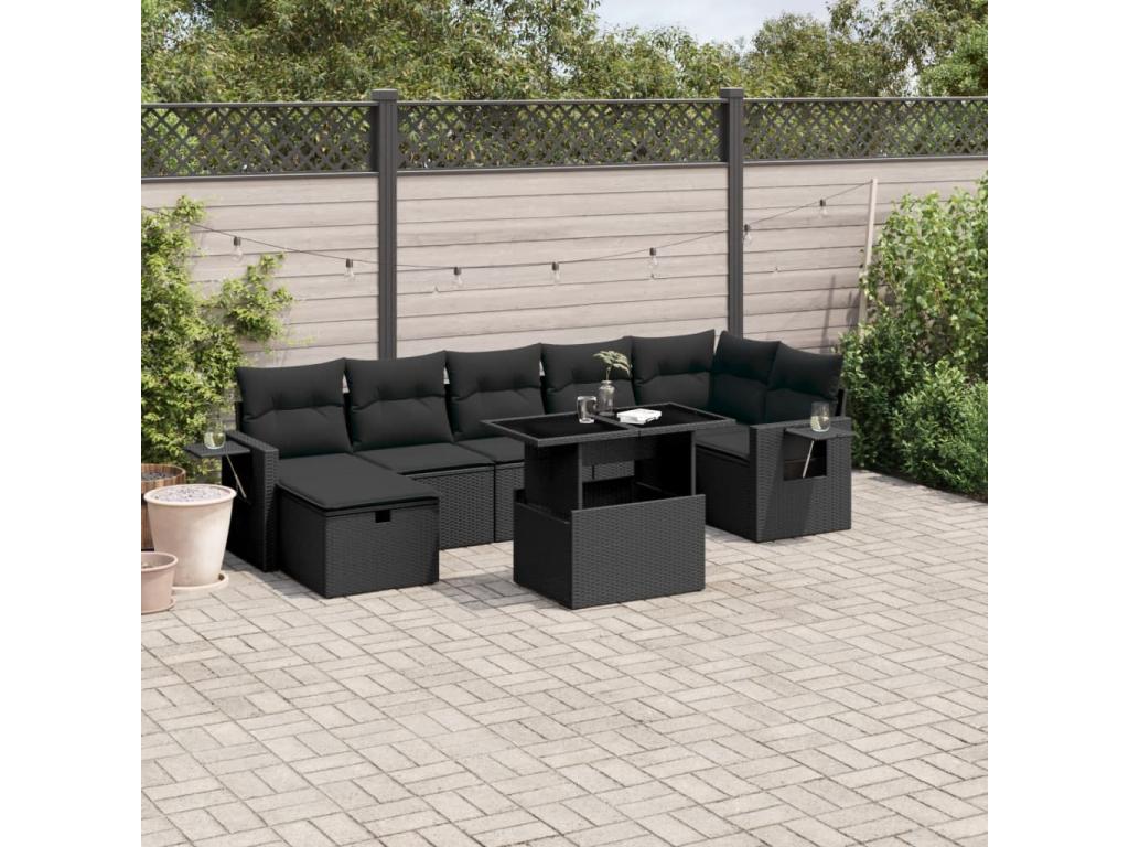 8-piece garden furniture set with cushions, black woven resin LQSH71980
