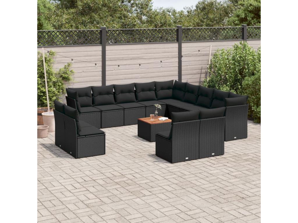 Garden furniture set with cushions, 14 pieces, black woven resin, OOVA23698