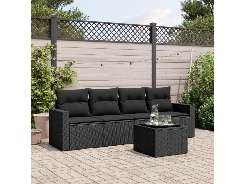 5-piece garden furniture set with cushions, black woven resin JLEY14350