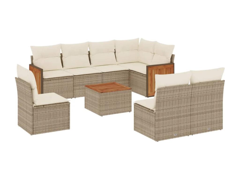 9-piece garden furniture set with cushions, beige woven resin FVCT95296