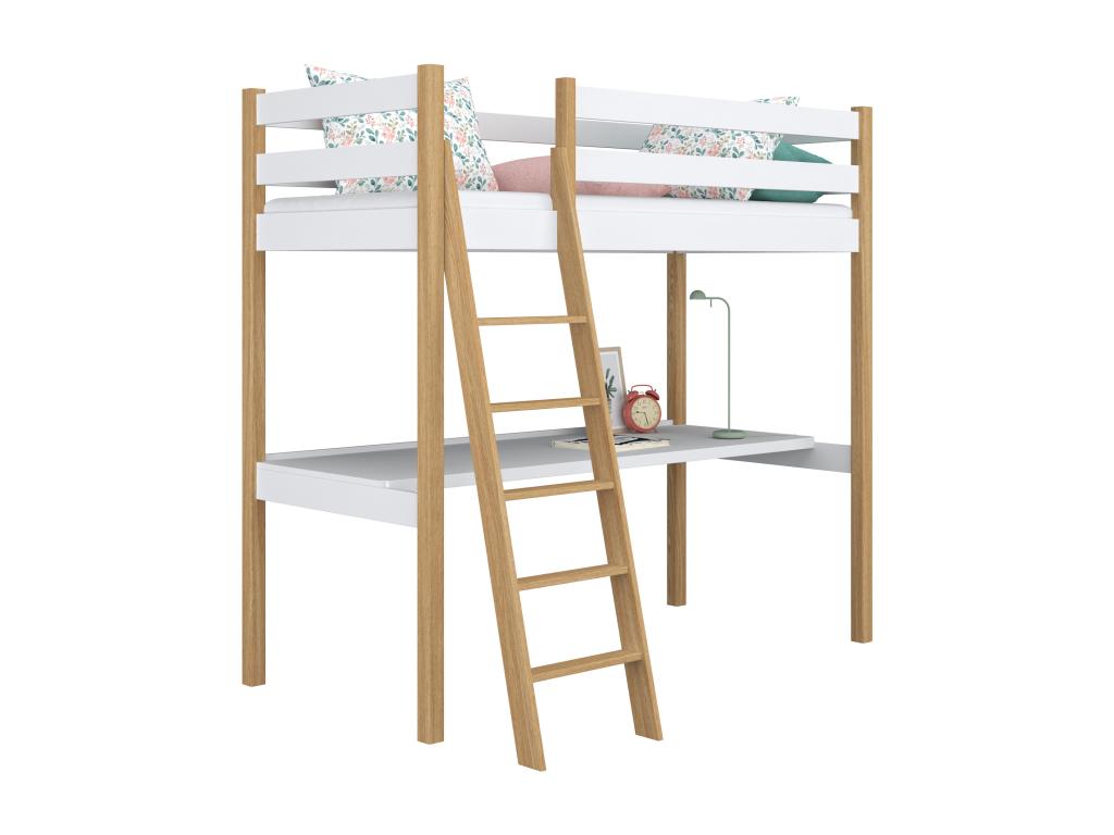 Wooden loft bed - with desk N03 White / Natural Oak 120x180 TWRU49431