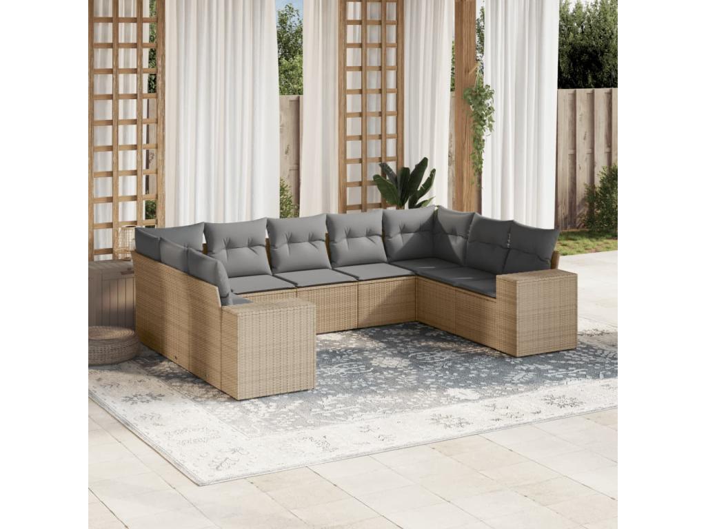 9-piece garden furniture set with cushions, beige woven resin, VAKO50825