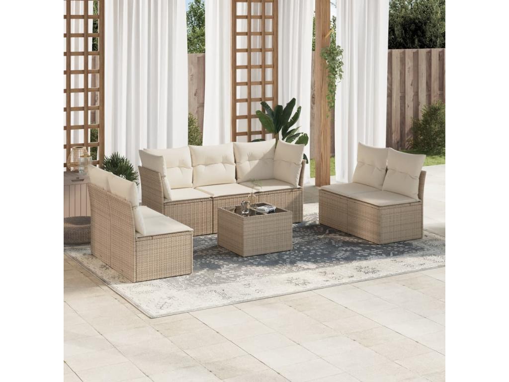 8-piece garden furniture set with cushions, beige woven resin NTSO20379