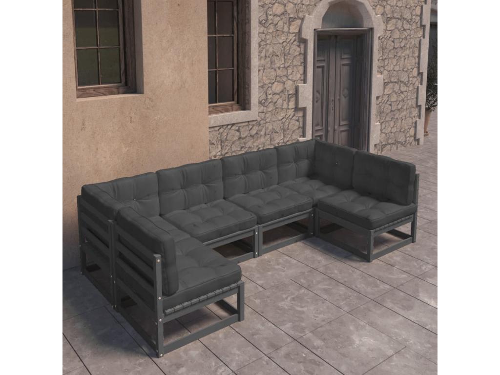 6-piece garden furniture set with cushions, black, solid pine wood, QLYA01152