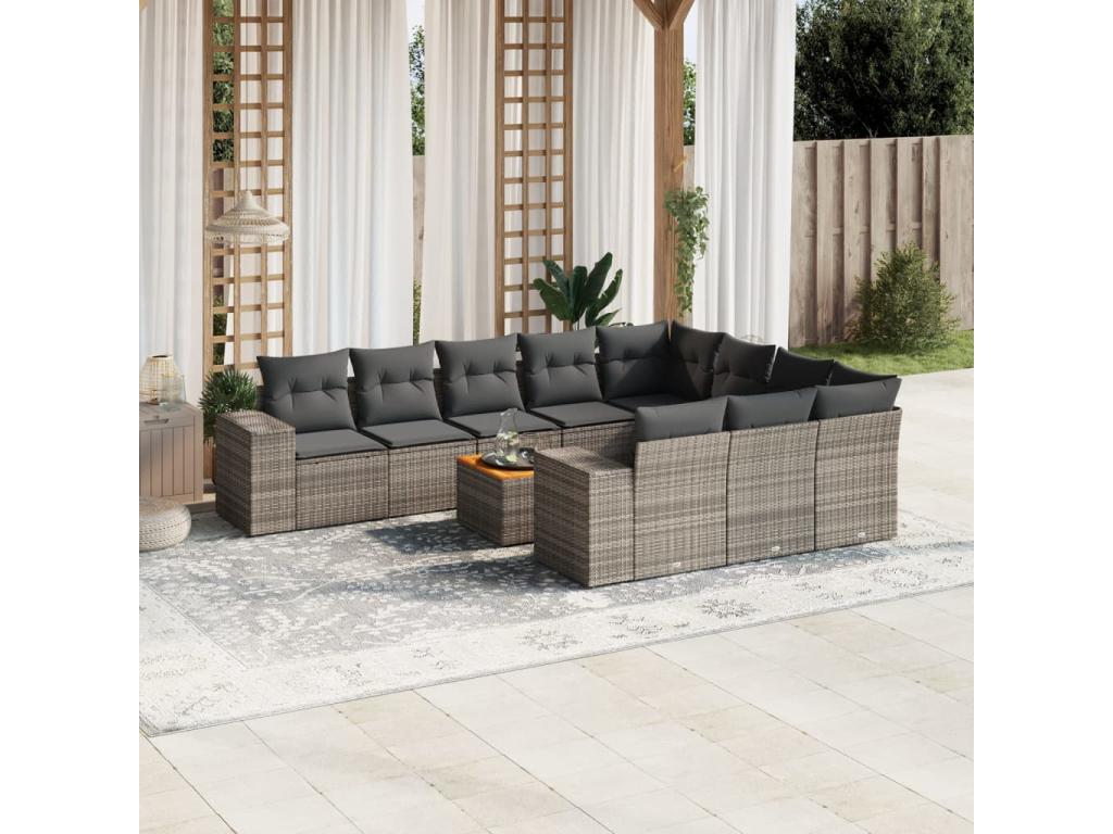 11-piece garden furniture set with grey resin wicker cushions GVRJ68024