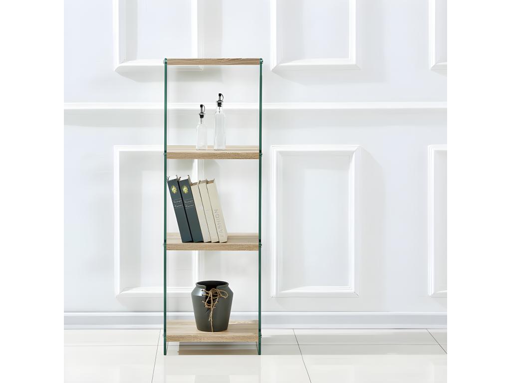 Bookcase H- 125 cm in tempered glass and 3 oak-effect shelves - ICE GWRR85824