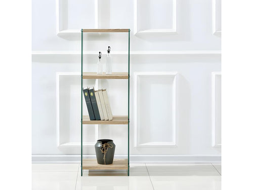 Bookcase H- 125 cm in tempered glass and 3 oak-effect shelves - ICE GWRR85824