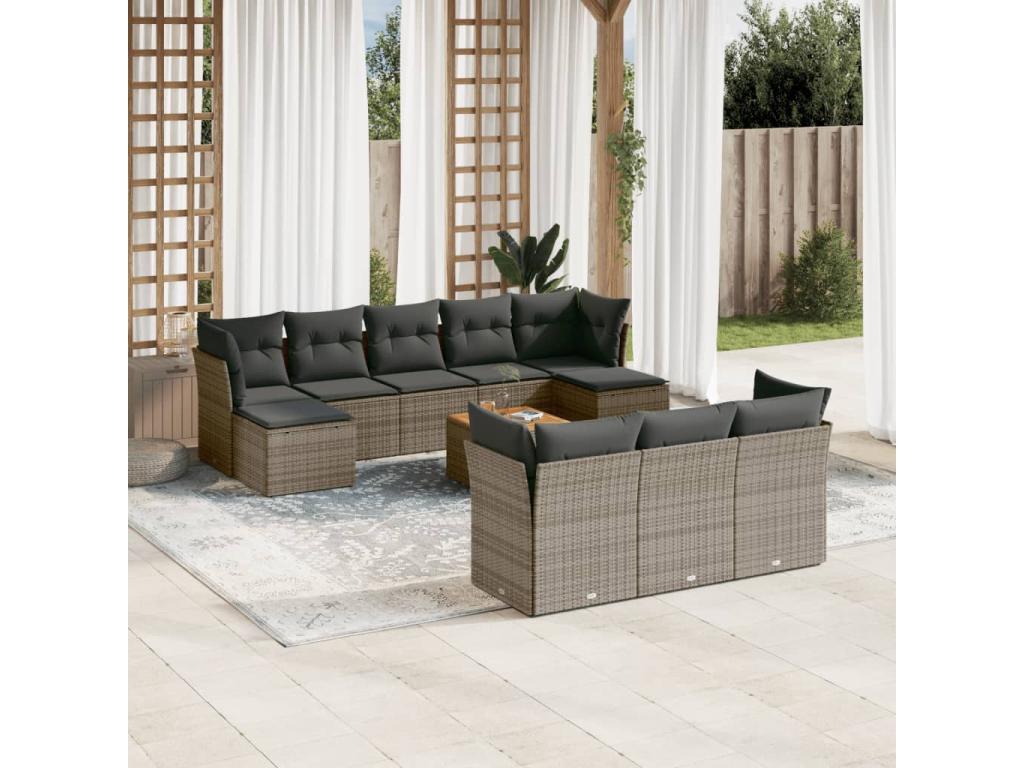 11-piece garden furniture set with grey resin wicker cushions MLOF86024