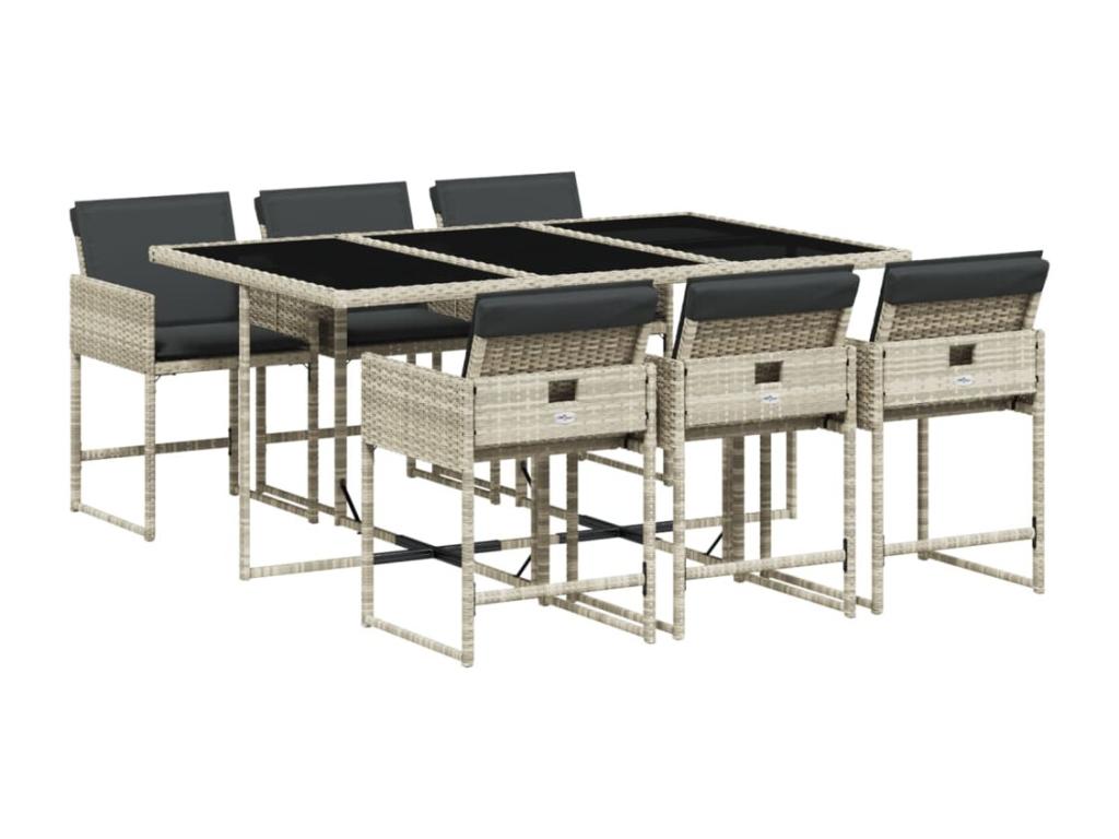 7-piece garden dining set and cushions, light grey rattan UVXW82815