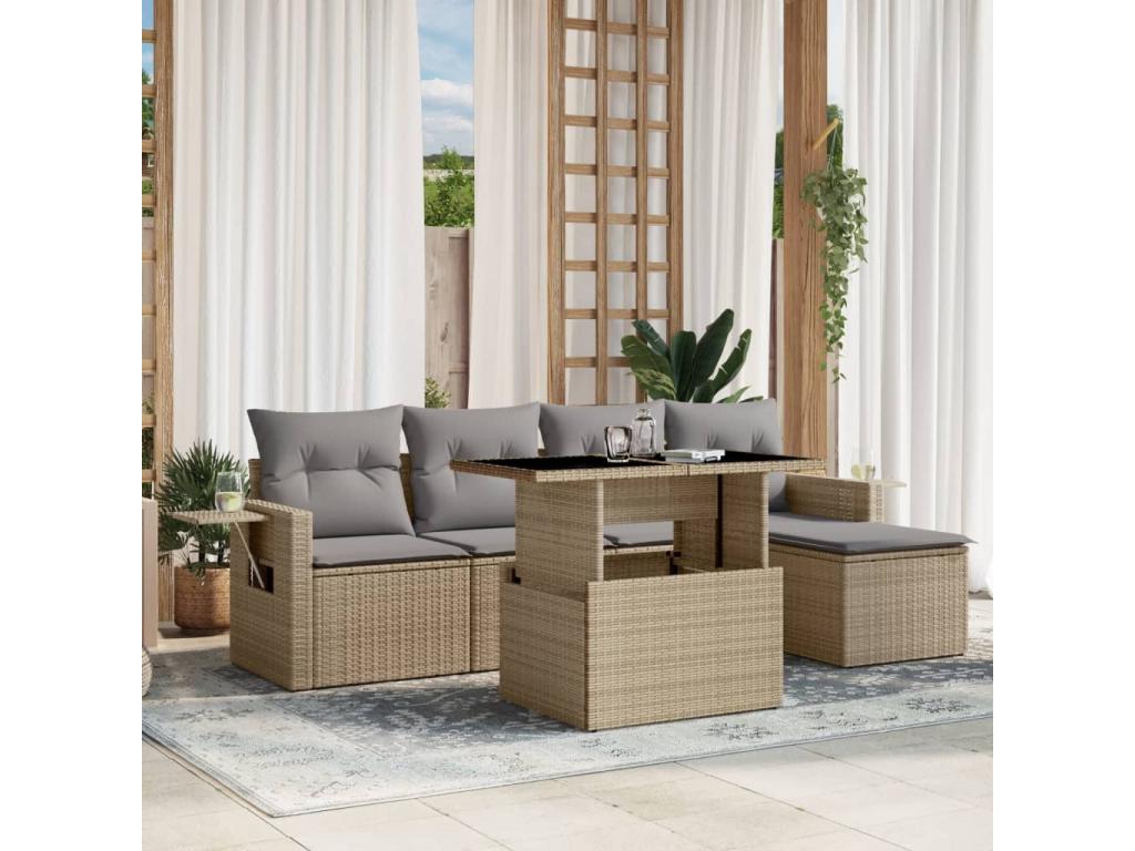6-piece beige resin wicker garden furniture set with cushions TPMR47229