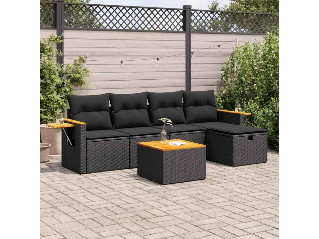 6-piece garden furniture set with cushions, black woven resin GWRT97260